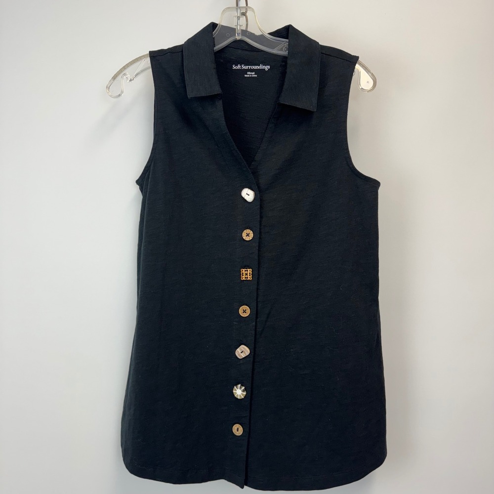 Soft Surroundings Button Front Sleeveless Blouse XS 100% Cotton‎ Black